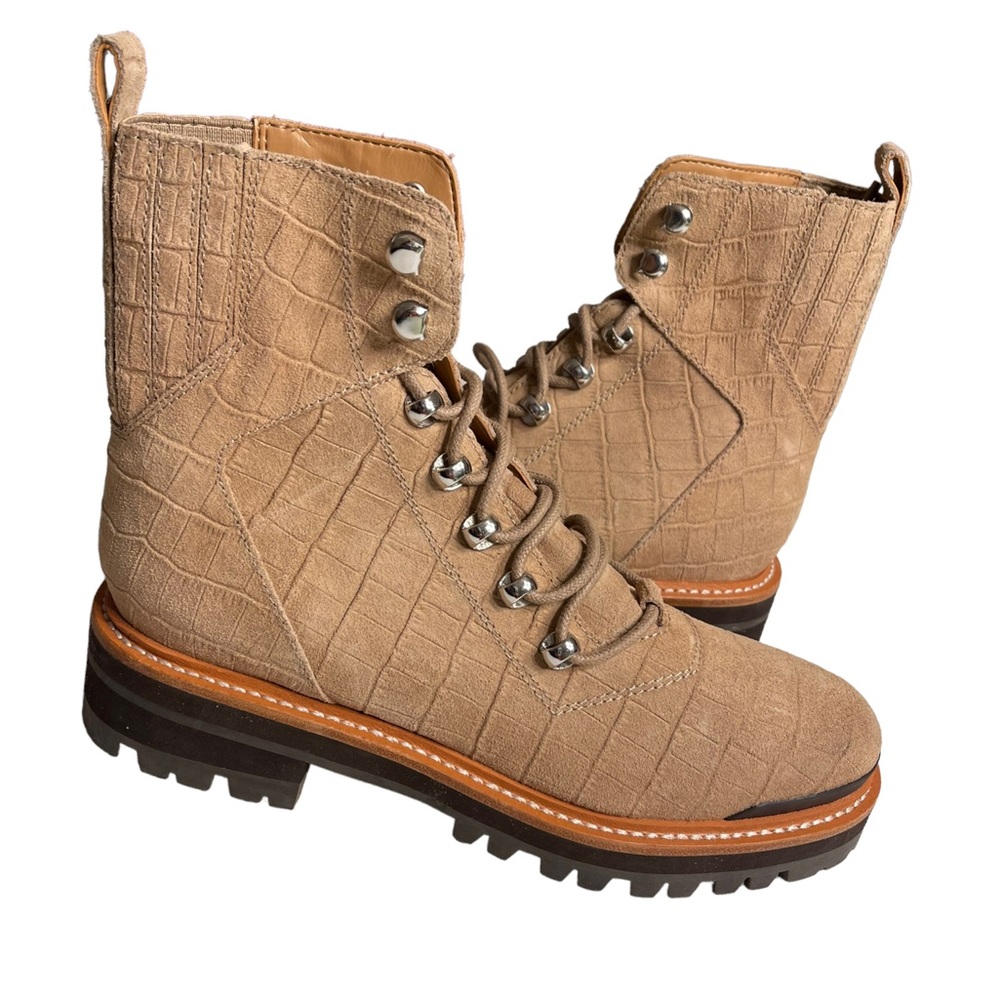 MARC FISHER Izzie Snake Embossed Combat Boots Suede Light Natural 7